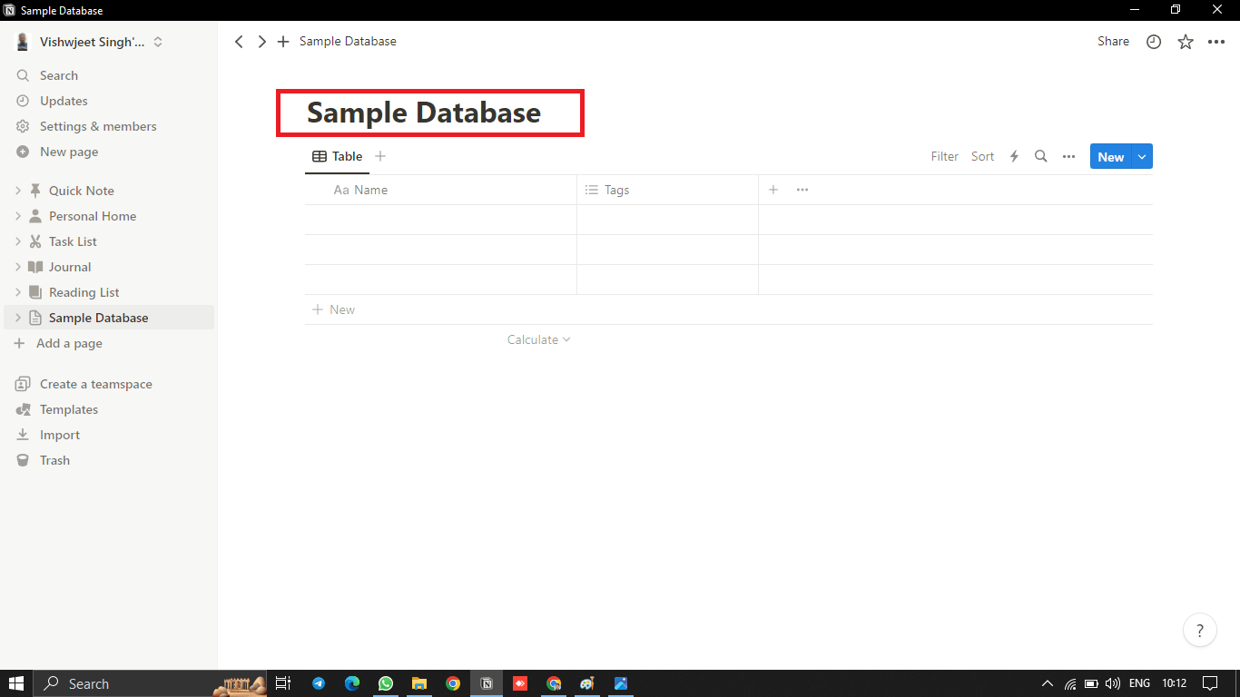 At The Top Of The Page, You Can Give A Name To Your Newly Created Database.