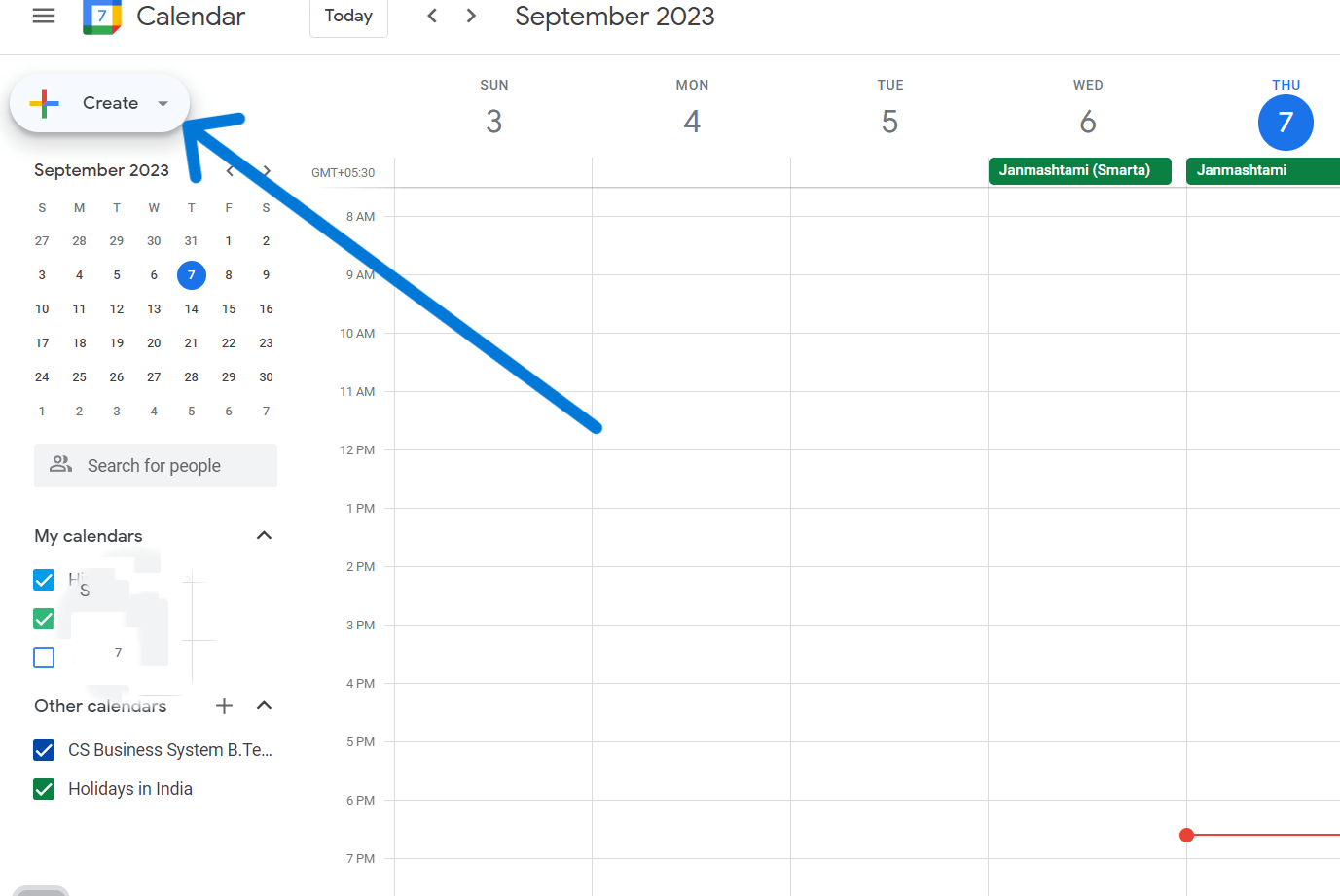 When Calendar Open Click On The Create Option Which Is Placed On The Left Side In Upper Corner 